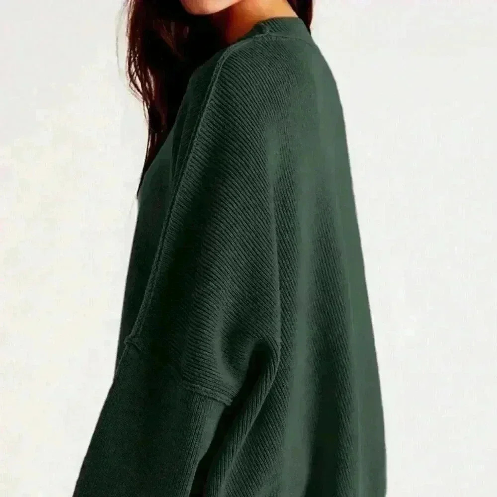 Green Casual Women's Mock Neck Drop Shoulder Split Hem Sweater - Picture 3 of 4